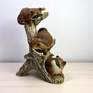 Vintage Homco Masterpiece Porcelain Three Raccoons On Tree 8" Figurine - 1978